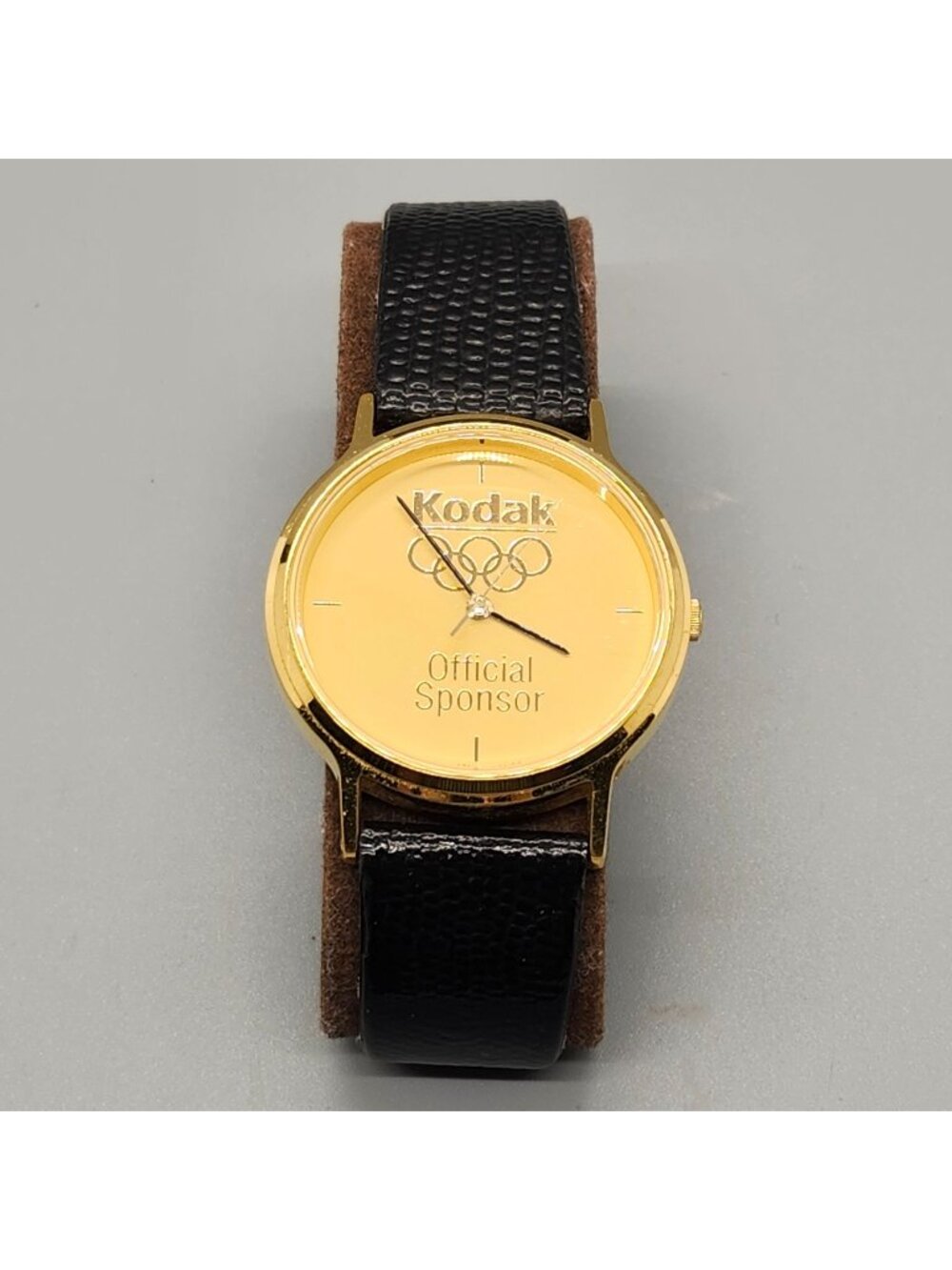 Kodak Official Sponsor Gold Quartz Watch With Black Leather Strap Olympic Rings